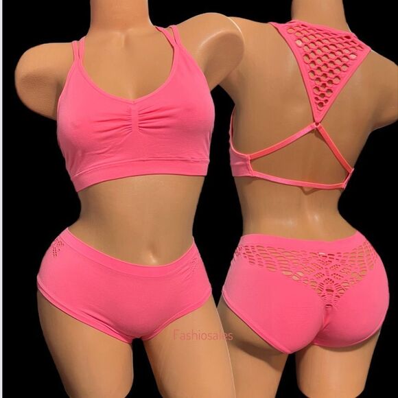 Victorias Secret Set Unlined mesh detail bralette & Hiphugger Panty pink coral M - Picture 2 of 3